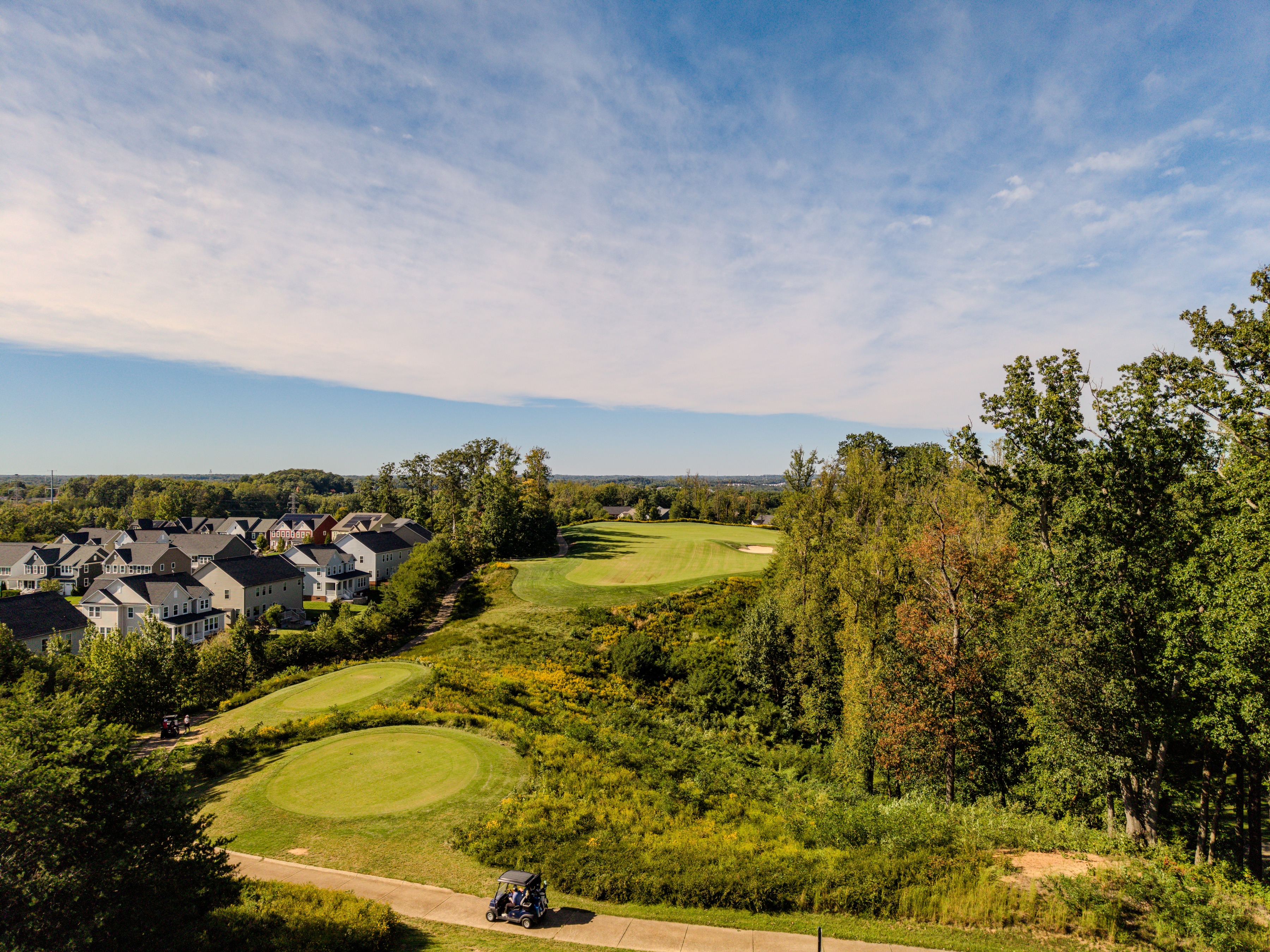 Aerial view across a golf green with trees and distant horizon